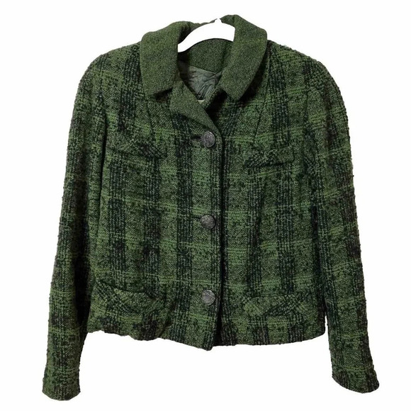 Vintage Handmade Boucle Green Black Plaid Crop Blazer Old Money Jackie O - Picture 1 of 5
